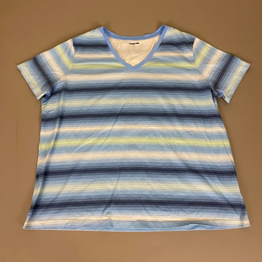 Lands End T-Shirt Women XL 18 Blue White Striped V-Neck Short Sleeve 100% Cotton
